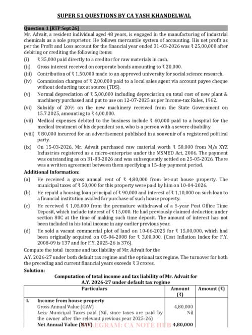 First page of CA INTERMEDIATE DIRECT TAX [INCOME TAX] SUPER 51 BY CA YASH KHANDELWAL FOR SEPTEMBER, 2026
