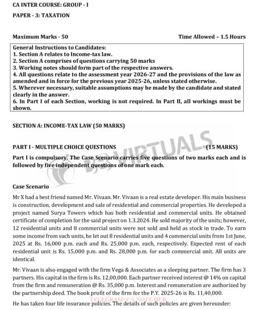 First page of CA INTERMEDIATE DIRECT TAX [INCOME TAX] MOCK TEST PAPER ALONG WITH SUGGESTED ANSWER BY CA BHANWAR BORANA FOR SEPTEMBER, 2026