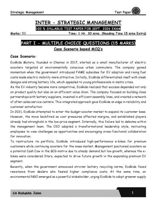 First page of #Exclusive #CA Rishabh Jain Sir's #Strategic Management #Sep 2026 Exams #50Marks Test Paper (Question Paper)