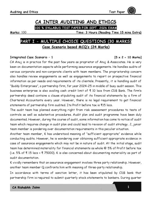 First page of #Exclusive #CA Rishabh Jain Sir's #Auditing & Ethics #September 2026 Exams #100Marks Test Paper (Question Paper)