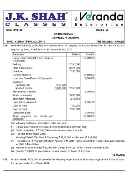 First page of J.K.SHAH CLASSES ACCOUNT PRACTICE PAPER QUESTION RELEVANT FOR SEP 26,JAN 27, MAY 27 AND SEP 27