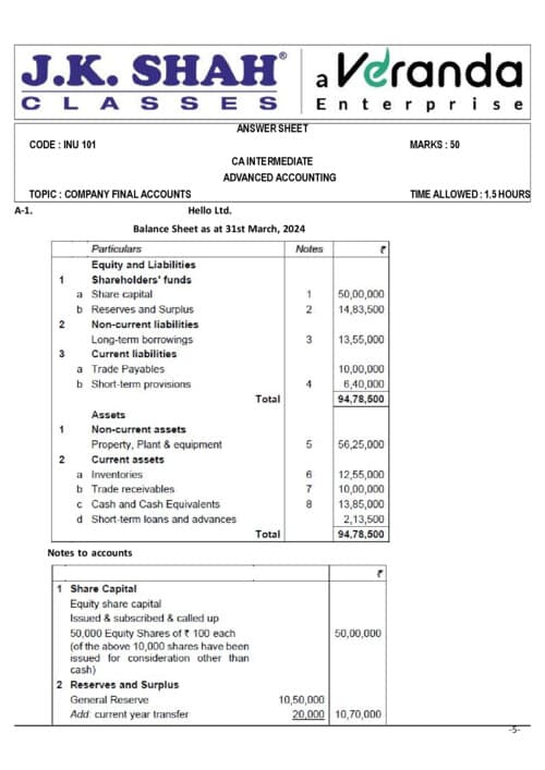 First page of ANSWER KEY OF PRACTICE PAPER NO. 1