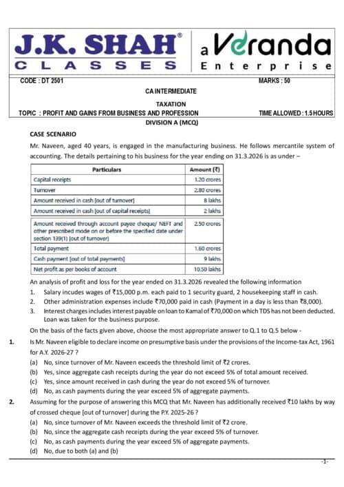 First page of JK SHAH CLASSES PAPER SET OF DIRECT TAX RELEVANT FOR SEPTEMBER 2026 AND JANUARY 2027 LATEST