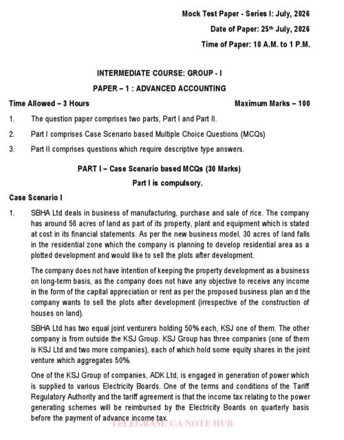 First page of CA INTERMEDIATE ADVANCED ACCOUNTING [ACCOUNTS] MOCK TEST PAPER [MTP] SERIES - I INCLUDING SUGGESTED ANSWERS FOR SEPTEMBER, 2026