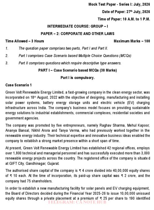 First page of CA INTERMEDIATE CORPORATE AND OTHER LAWS [LAW] MOCK TEST PAPER [MTP] SERIES - I INCLUDING SUGGESTED ANSWERS FOR SEPTEMBER, 2026