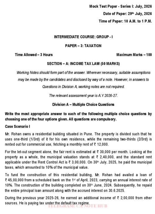 First page of CA INTERMEDIATE TAXATION [INCOME TAX + GST] MOCK TEST PAPER [MTP] SERIES - I INCLUDING SUGGESTED ANSWERS FOR SEPTEMBER, 2026