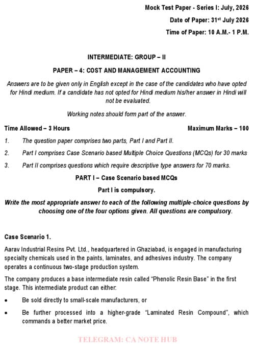 First page of CA INTERMEDIATE COST AND MANAGEMENT ACCOUNTING [COSTING] MOCK TEST PAPER [MTP] SERIES - I INCLUDING SUGGESTED ANSWERS FOR SEPTEMBER, 2026