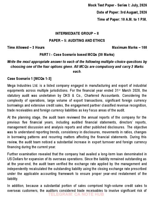 First page of CA INTERMEDIATE AUDITING AND ETHICS [AUDIT] MOCK TEST PAPER [MTP] SERIES - I INCLUDING SUGGESTED ANSWERS FOR SEPTEMBER, 2026