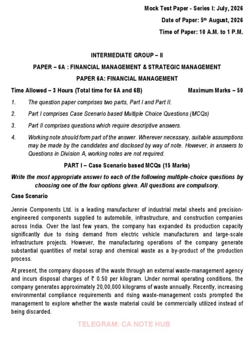 First page of CA INTERMEDIATE FINANCIAL MANAGEMENT AND STRATEGIC MANAGEMENT [FMSM] MOCK TEST PAPER [MTP] SERIES - I INCLUDING SUGGESTED ANSWERS FOR SEPTEMBER, 2026