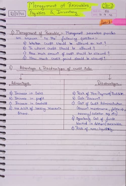 First page of FM ~ mgt of receivables handwritten notes
