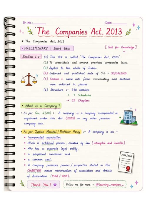 First page of Company Act LAST 1.5 days Handwritten Law detailed revision notes If anybody wants PW, Vishwas Ca and Parag Sir Classes DM me ✅