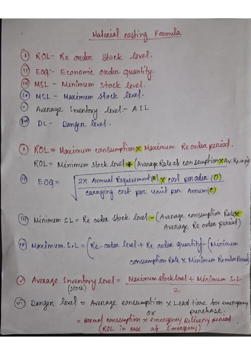 First page of Material costing formula.