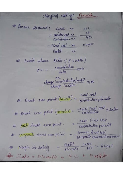 First page of Marginal costing formula.