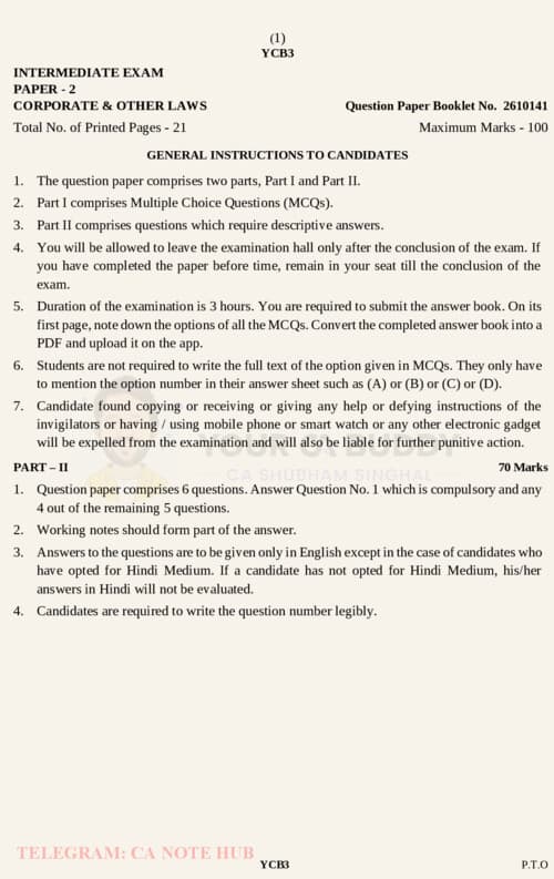 First page of CA INTERMEDIATE CORPORATE AND OTHER LAWS [LAW] ALL INDIA MASTER MOCK TESTS ALONG WITH SOLUTIONS BY CA SHUBHAM SINGHAL FOR SEPTEMBER, 2026