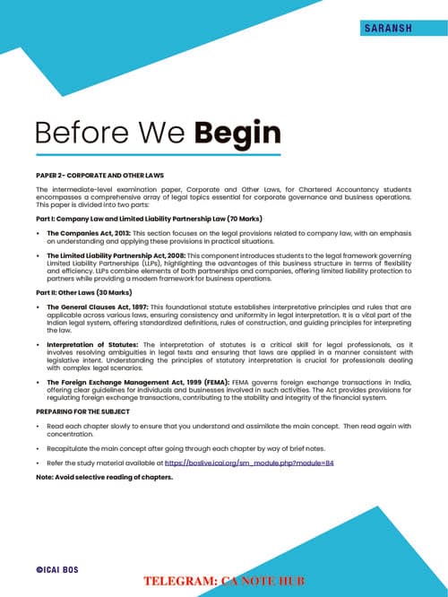 First page of CA INTERMEIDATE CORPORATE AND OTHER LAWS [LAW] SARANSH | SUMMARY CHART NOTES FOR LAST MOMENT QUICK REVISION BY THE ICAI FOR SEPTEMBER, 2026 AND JANAURY, 2027