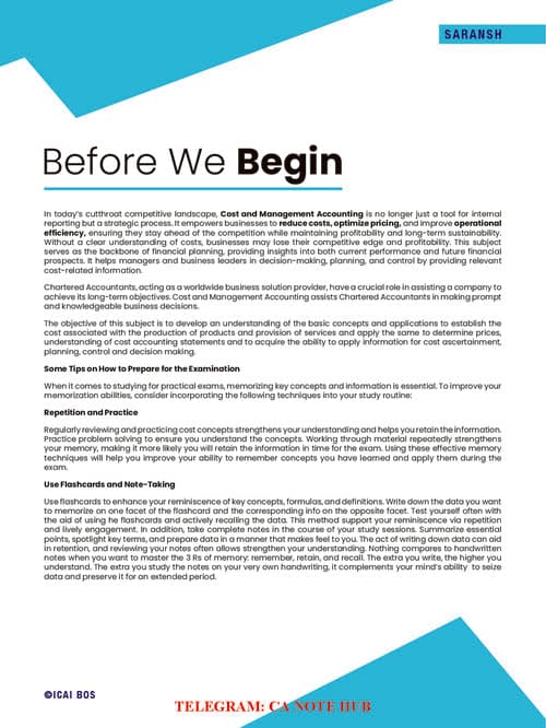 First page of CA INTERMEIDATE COST AND MANAGEMENT ACCOUNTING [COSTING] SARANSH | SUMMARY CHART NOTES FOR LAST MOMENT QUICK REVISION BY THE ICAI FOR SEPTEMBER, 2026 AND JANAURY, 2027