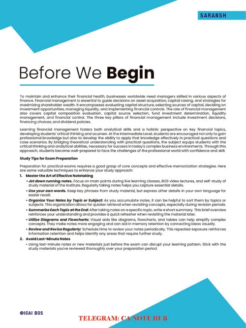 First page of CA INTERMEIDATE FINANCIAL MANAGEMENT [FM] SARANSH | SUMMARY CHART NOTES FOR LAST MOMENT QUICK REVISION BY THE ICAI FOR SEPTEMBER, 2026 AND JANAURY, 2027