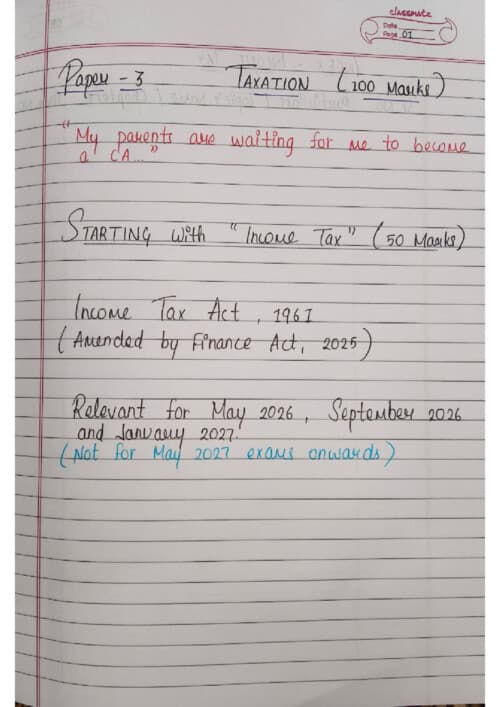 First page of Taxation handwritten notes by CA vivek gaba sir