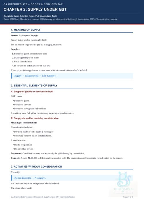 First page of GST chapter 2 supply under GST Short notes and exam tips