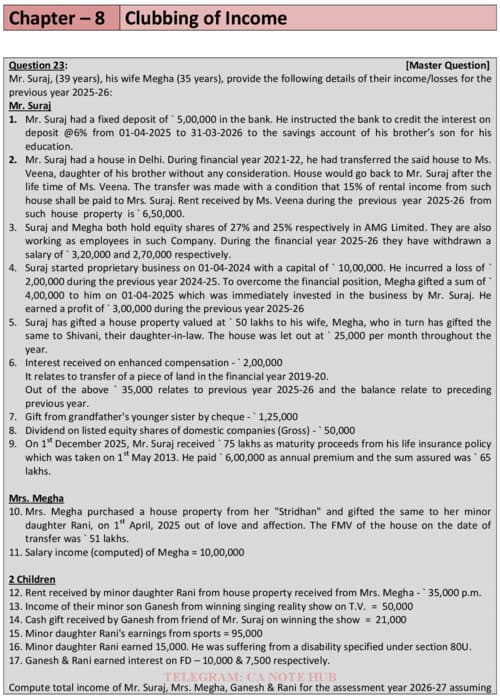 First page of CLUBBING OF INCOME MUST DO MASTER QUESTIONS BY CA VEDANT BAJAJ FOR SEPTEMBER, 2026