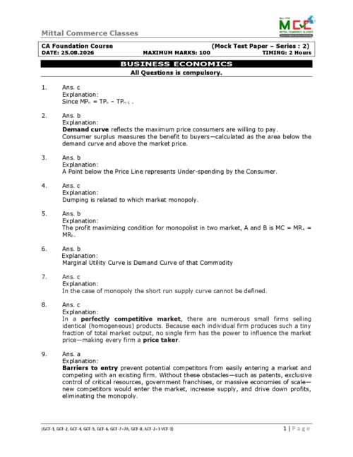 First page of answer key economics practice paper