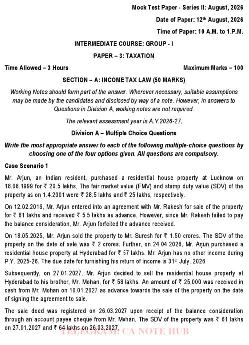 First page of TAX [INCOME TAX + GST] MOCK TEST PAPER [MTP] SERIES - II INCLUDING SUGGESTED ANSWER FOR SEPTEMBER, 2026