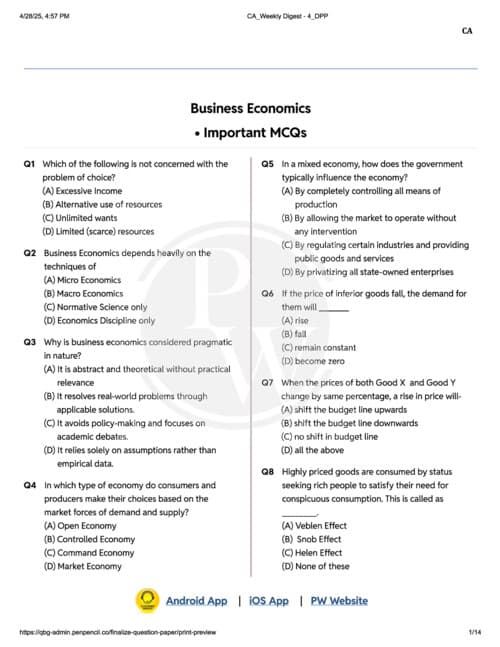 First page of Most important Questions for Economic (Specially for September 26)