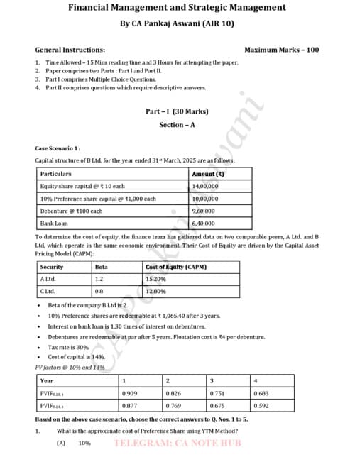 First page of FMSM ALL INDIA MASTER MOCK TEST ALONG WITH SOLUTIONS BY CA PANKAJ ASWANI FOR SEPTEMBER, 2026