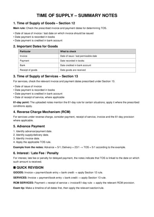 First page of Time of supply summary notes exam quick revision September 2026 and Jan 2027 exam