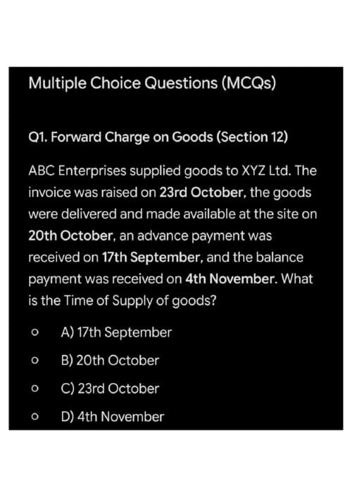 First page of Time of supply full chapter MCQ for CA intermediter 2026 and 2027