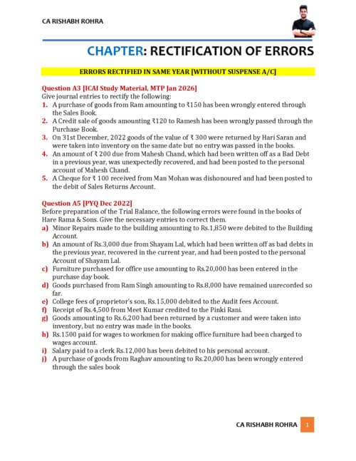 First page of These are Sir RISHABH ROHRA sir marked important questions for September 2026 attempt