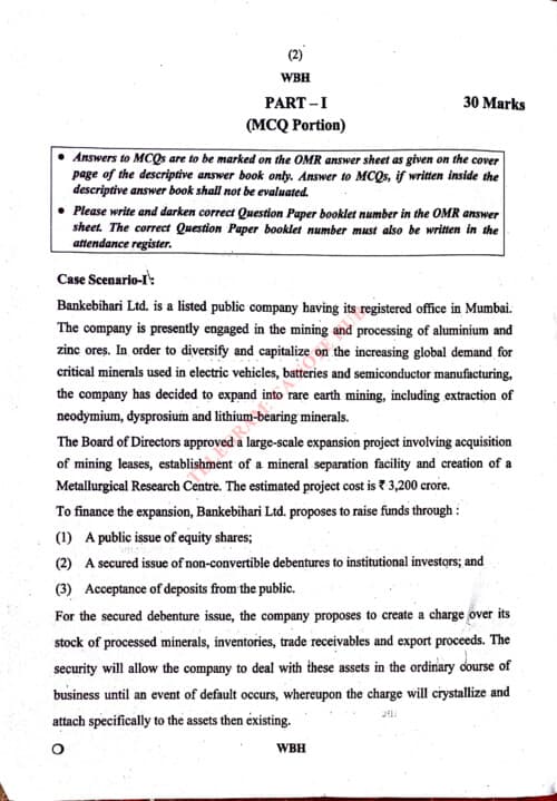 First page of LAW QUESTION PAPER ALONG WITH MCQS OF SEPTEMBER, 2026 EXAMS HELD BY THE ICAI