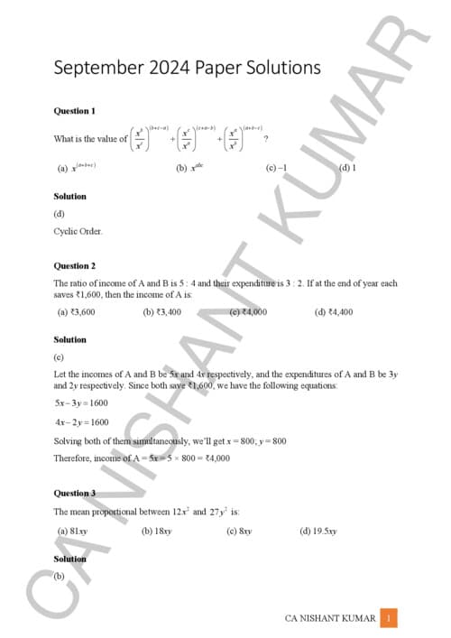 First page of Quantitative Aptitude PYQ September 2024 with solutions