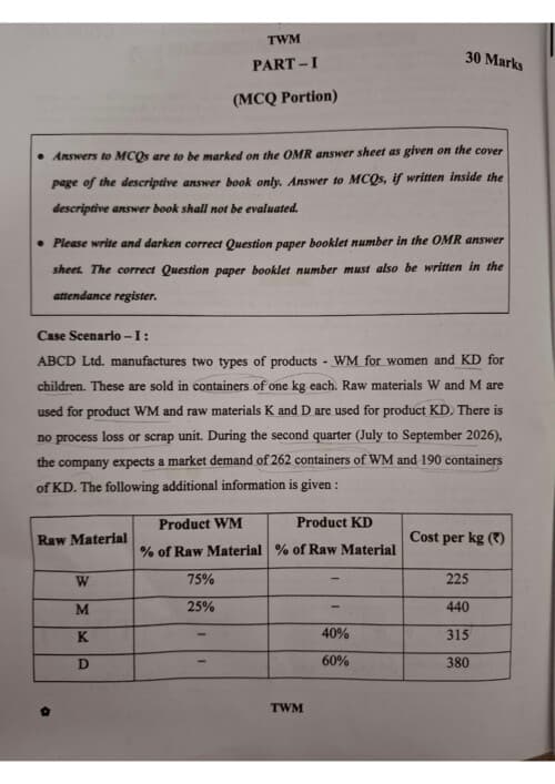 First page of September 2026 #CA Inter Costing Question paper with Mcq's booklet