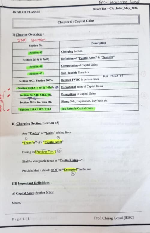 First page of Capital gains important chapter of Tax