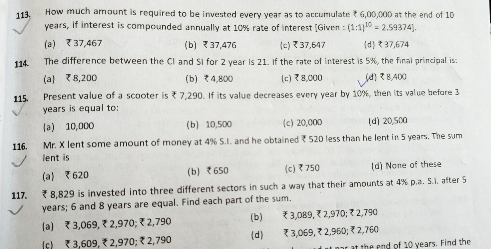 Image attached to the doubt: What is the solution of Q.113 to Q.117 ? Except 114