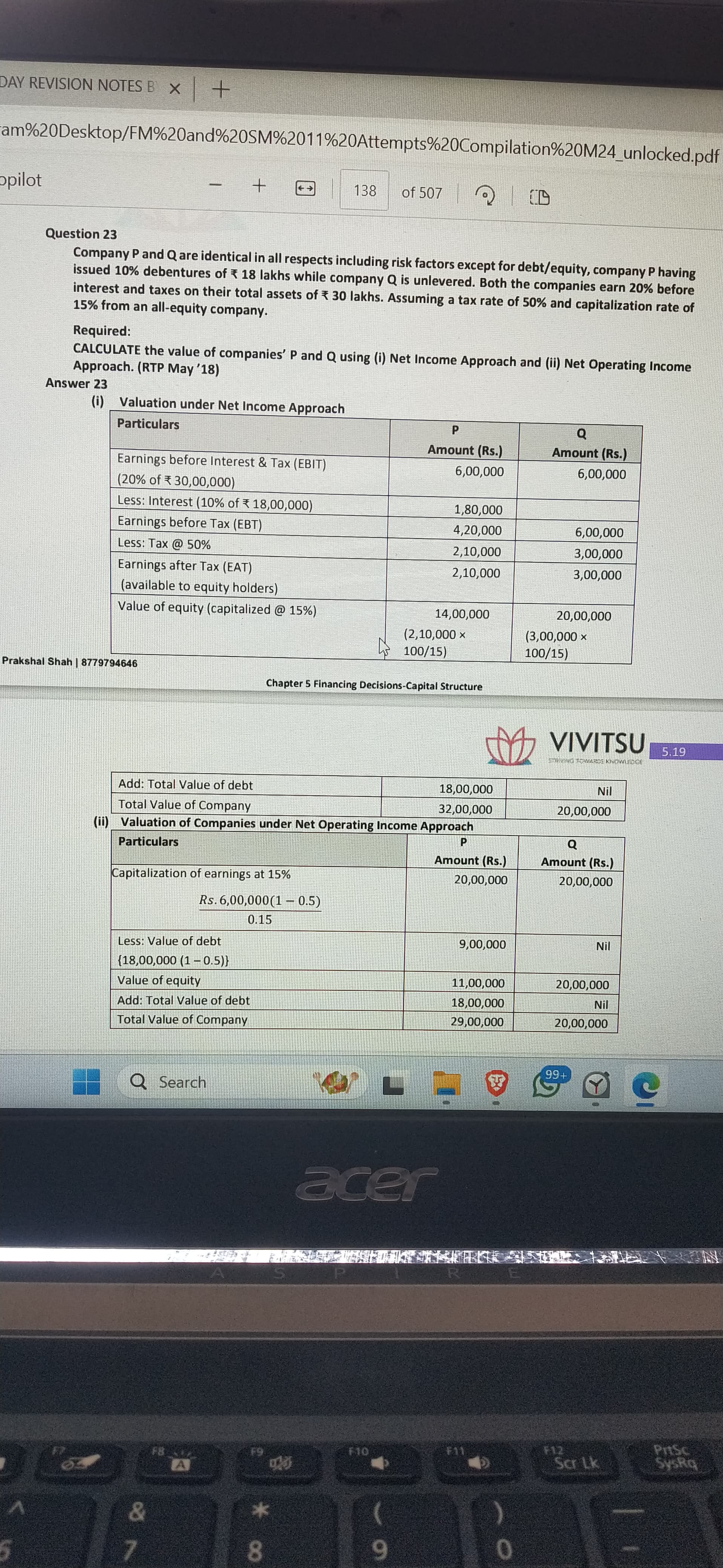 Image attached to the doubt: Unable to understand the 2nd part for Company P (ii) Net Operating Income…