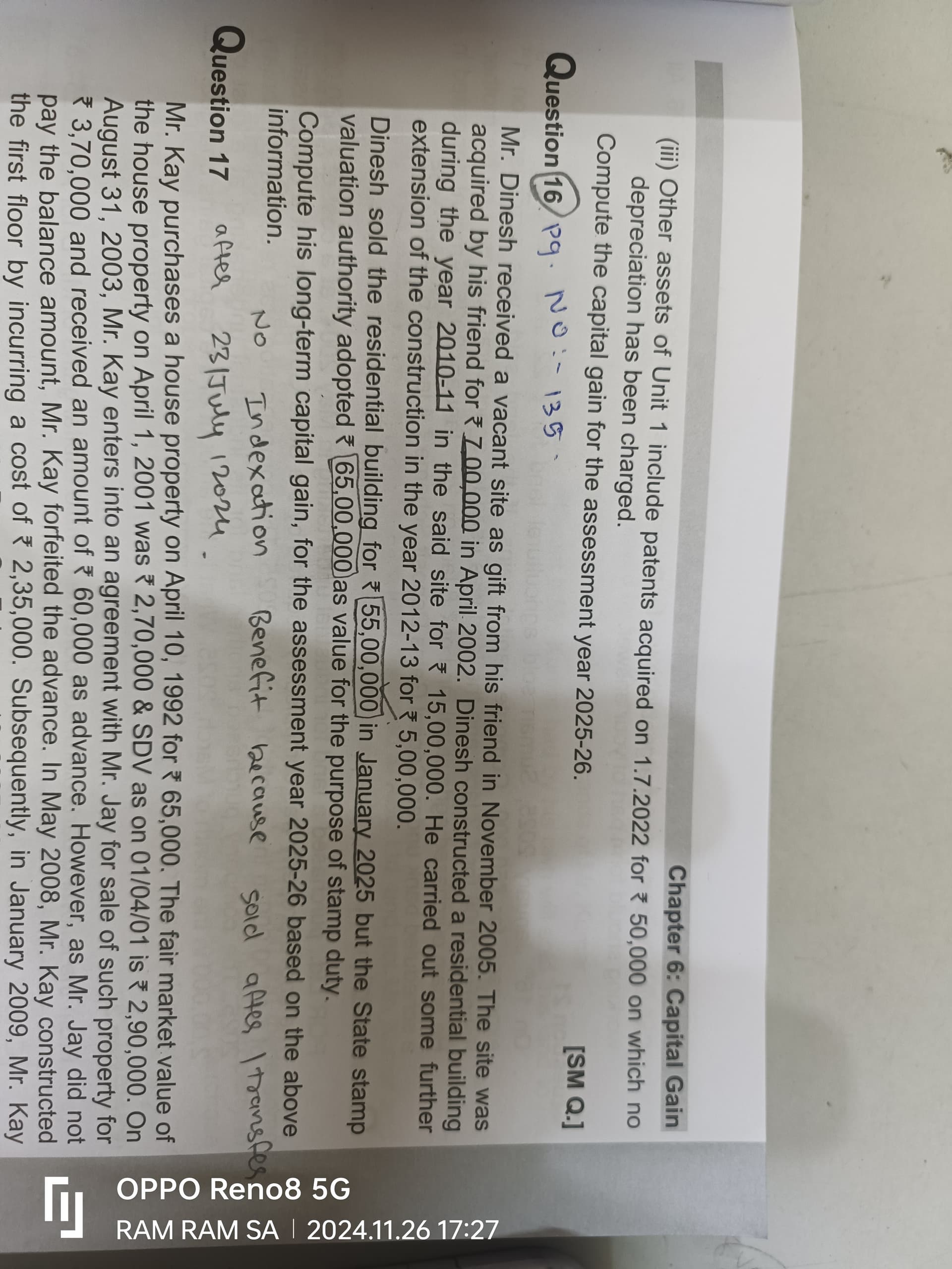 Image attached to the doubt: Q no.16 me Mr Dinesh ko land as a gift mili hai na toh Jo gift milti hai us…