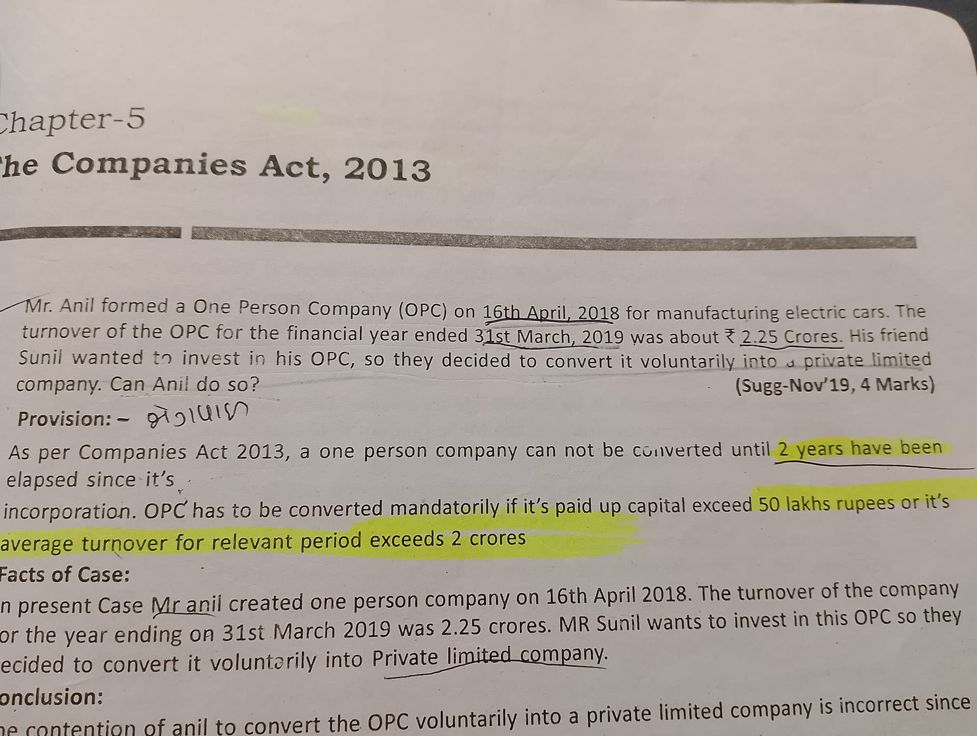 Image attached to the doubt: Mr. Anil formed a One Person Company (OPC) on 16th April, 2018 for…