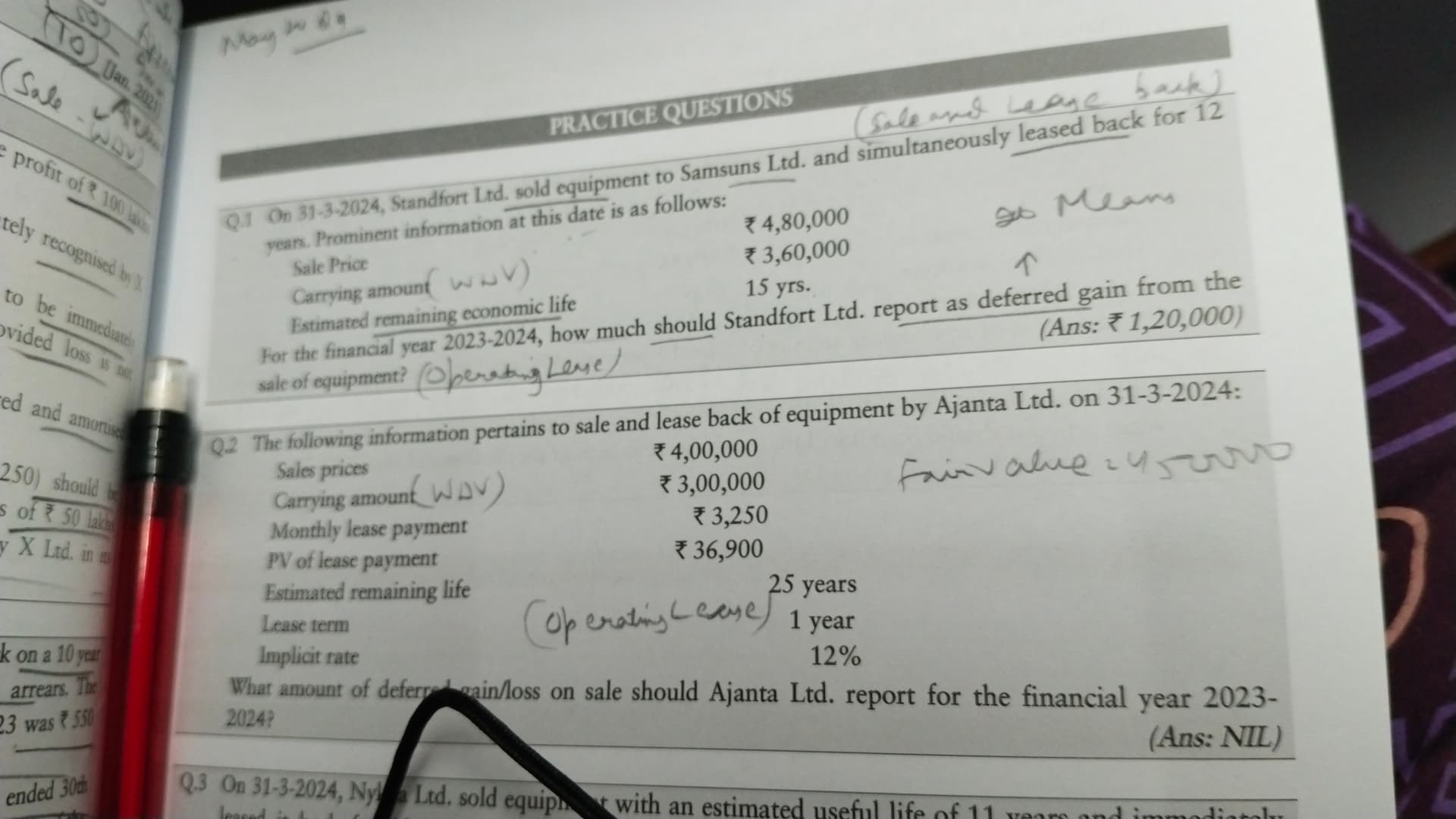 Image attached to the doubt: AS 19 question Q1 me sale and lease back transaction ho rha hai and fair value…