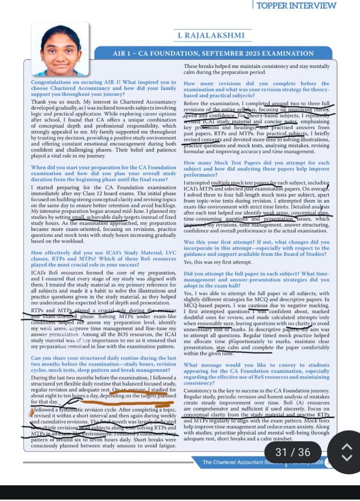 Image attached to the doubt: I observe important details from ICAI 1st ranker in September 2025 CA…