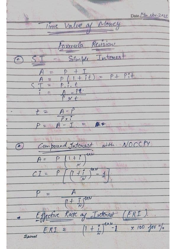 First page of Quick revision Notes Time value of money
