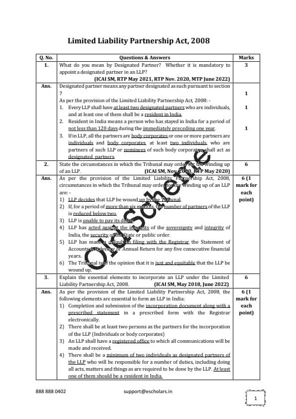 First page of LLP Act All past year question with answer• With step by step guide how to attemp answer in law and get marks according to ICAI.