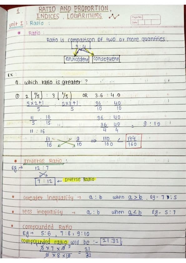 First page of Ratio, Proportion, Indices Hand Written Notes Summary Notes Must Check