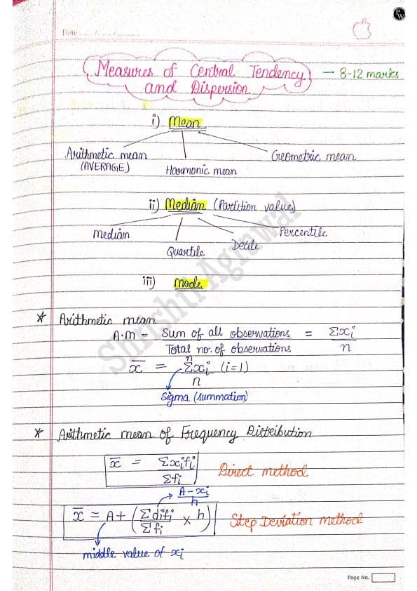 First page of Measure of Central Tendency Hand Written Notes Must read