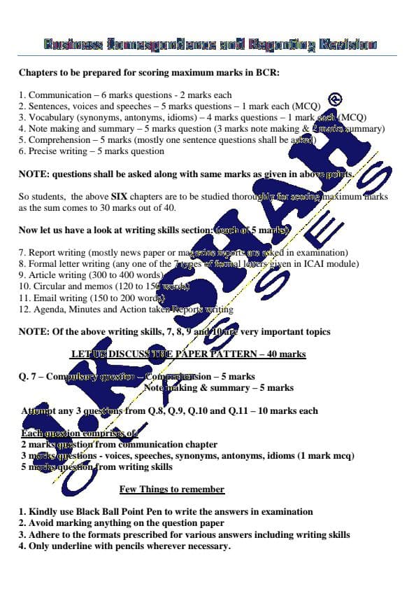 First page of 35+ marks guanteed in BCR all past year question with suggested answer . All formats of notice , article, email , precise writing, notemaking