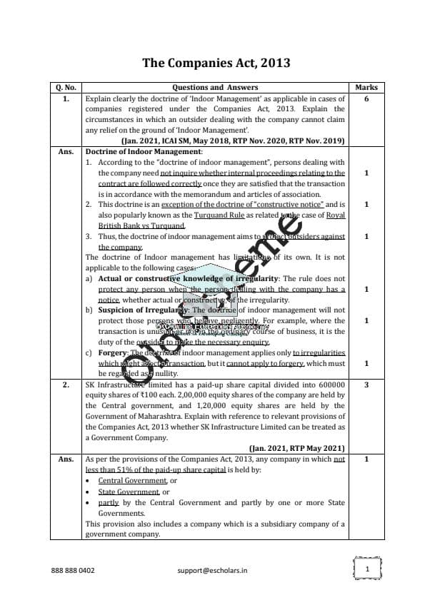 First page of Grooming Education Accedmy law prefect practice book Companies Act 2013 All past year question with answer. With step by step guide how to attemp answer in law and get marks according to ICAI.