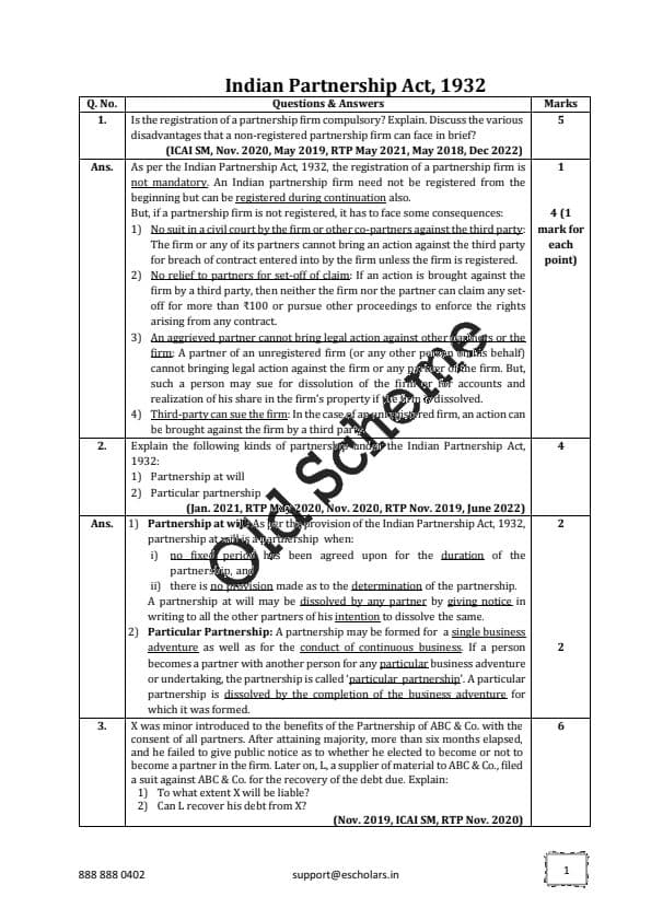 First page of Grooming Education Accedmy law prefect practice book India partnership Act 1932 All past year question with answer. With step by step guide how to attemp answer in law and get marks according to ICAI.