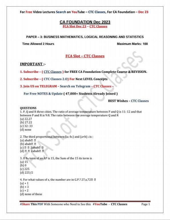 First page of Maths FCA CTC classes mock test paper