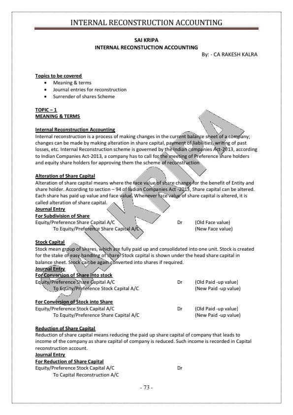 First page of Internal Reconstruction's notes of RAKESH KALRA SIR